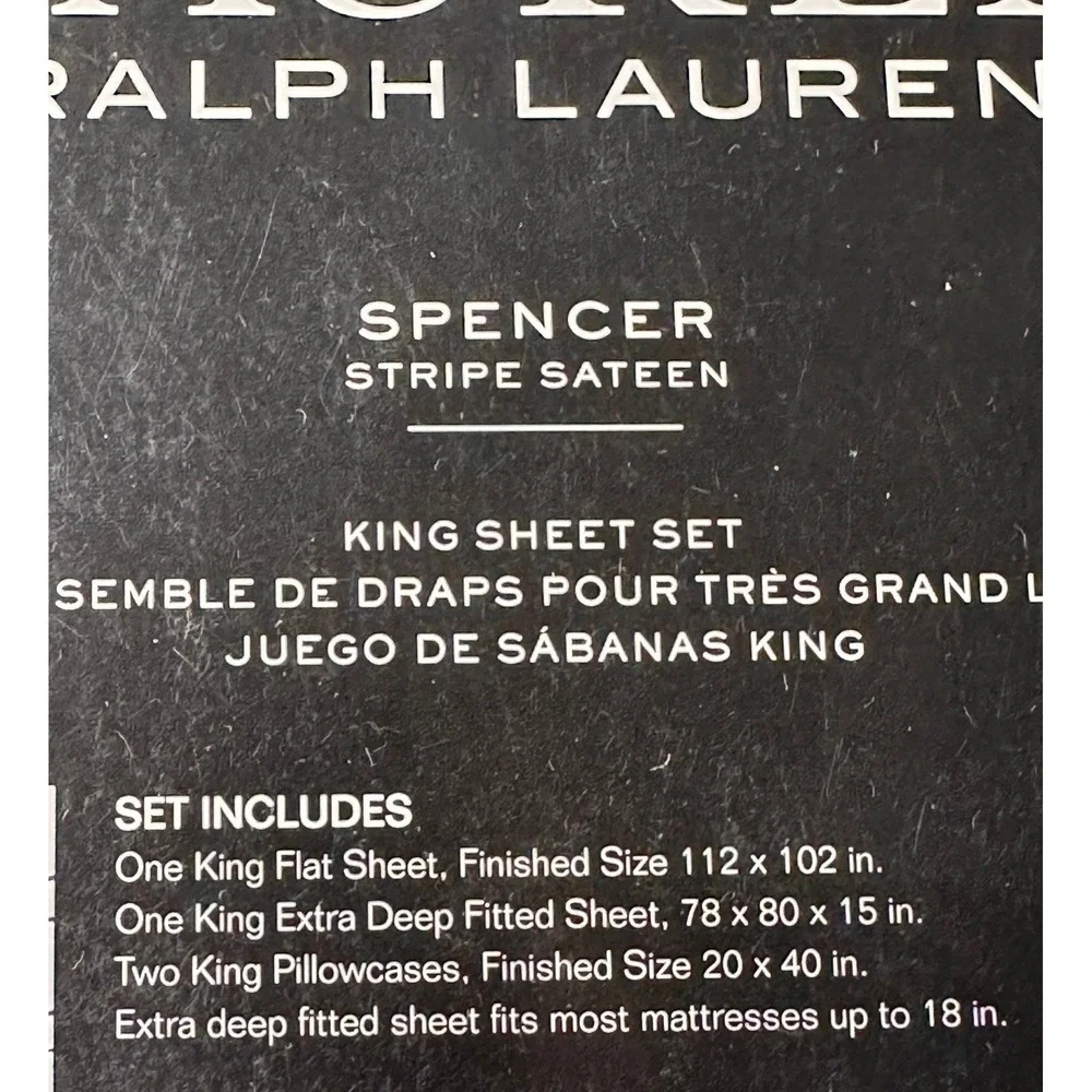 Ralph Lauren Spencer Stripe King Sheet Set Navy White NWT Sateen 100%‎ Cotton